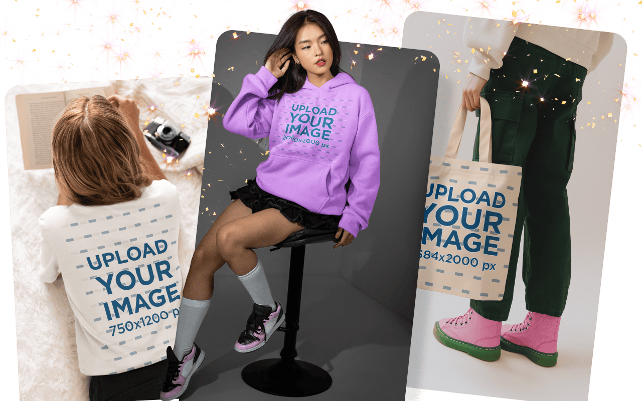 Placeit print on demand mockups featuring purple hoodie and tote bags in festive lifestyle setting with confetti