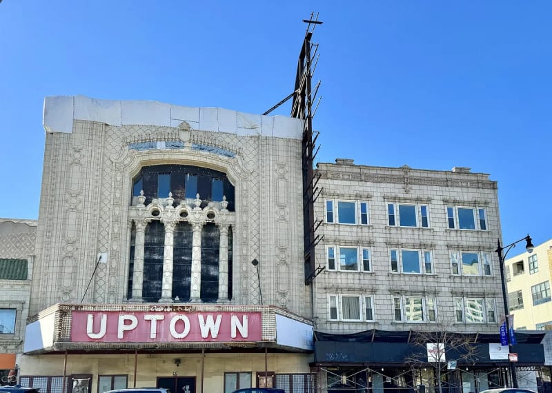 Terra-cotta facade and marquee of the Uptown Theatre near Broadway and Lawrence in Uptown Chicago