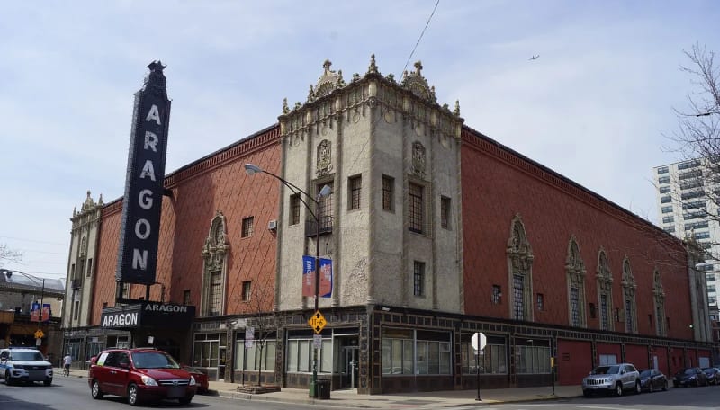 Aragon Ballroom with its vertical sign on Lawrence Avenue in Uptown Chicago