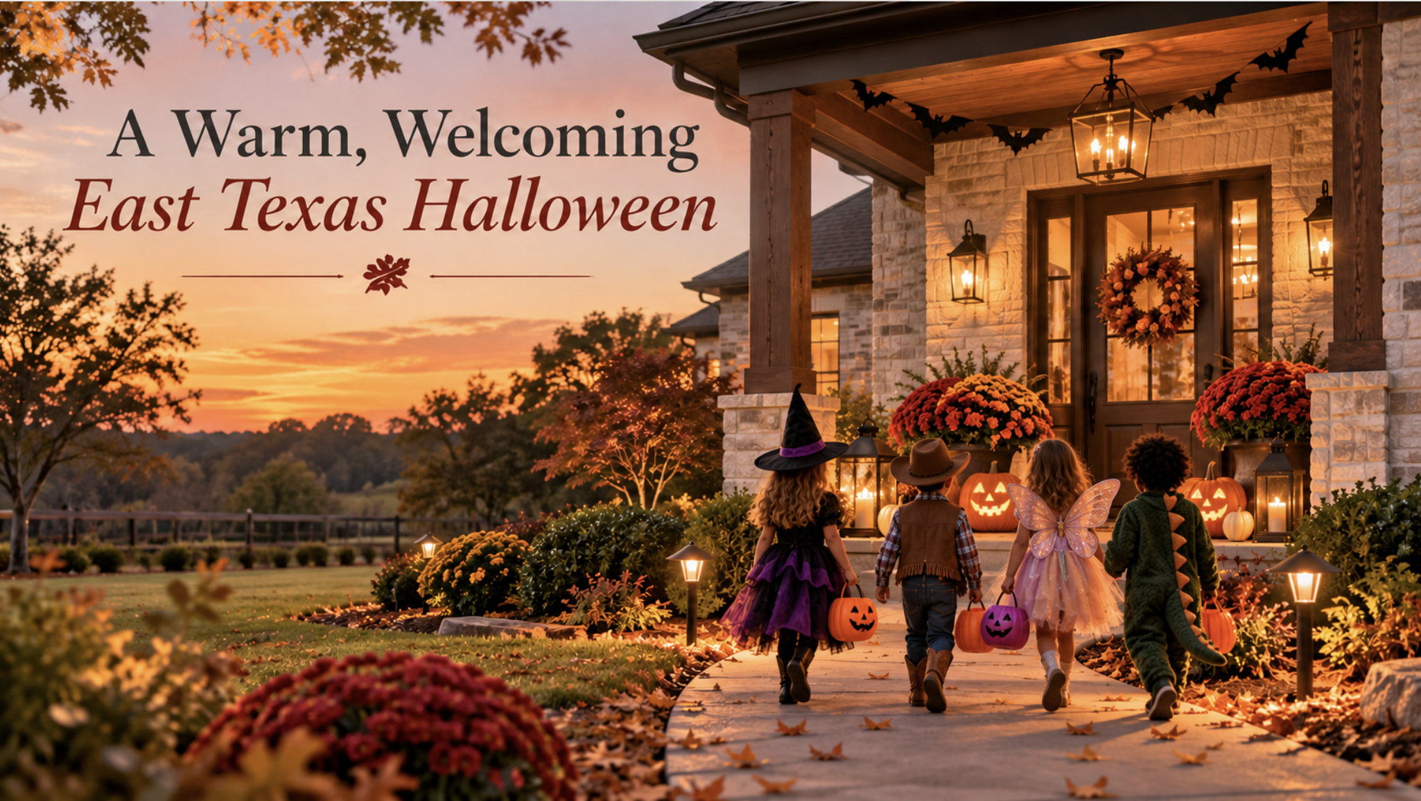 Costumed trick-or-treaters approaching a warmly decorated East Texas home for Halloween