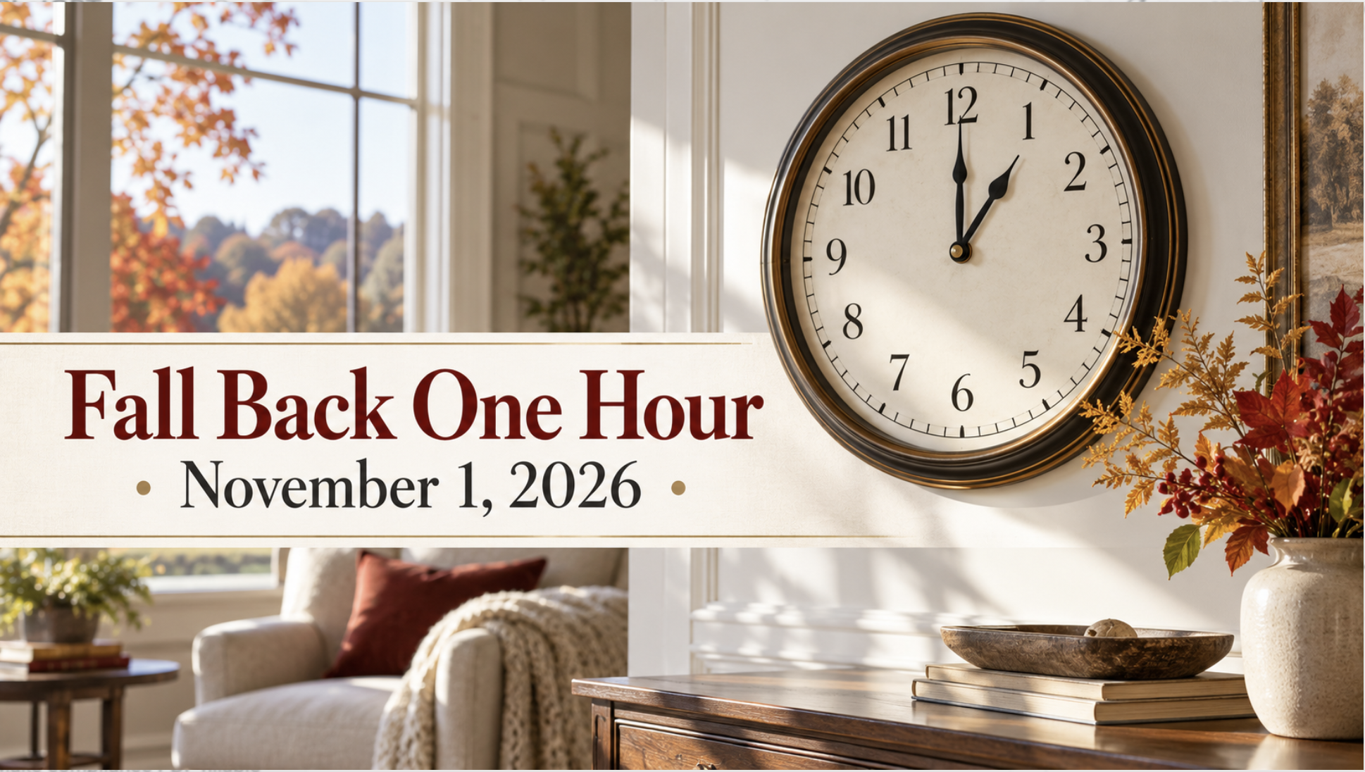 Wall clock and autumn decor illustrating the November 1, 2026 daylight saving time change