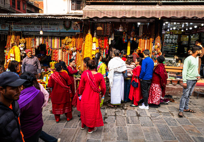 A crowded market street in Nepal