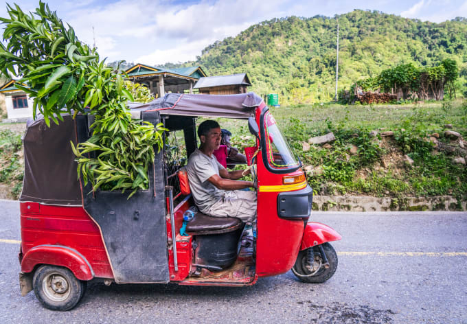 A three-wheeler loaded with fresh greens headed to market
