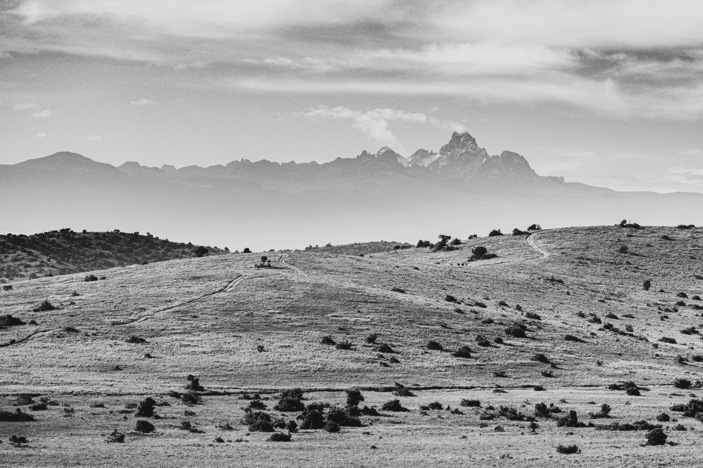 The peaks of Mt Kenya rising over the highlands
