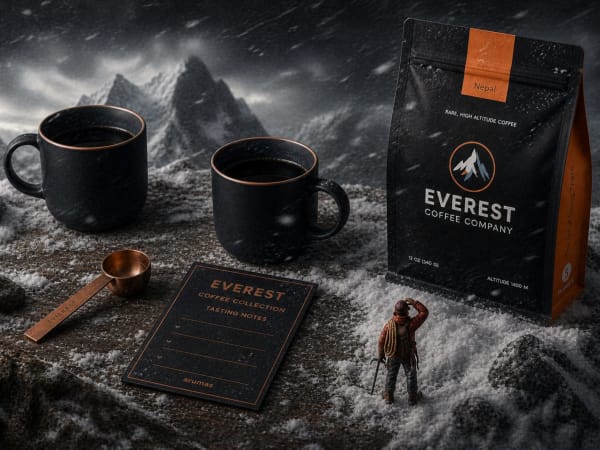 Climber with Everest Coffee Company, alpine snow