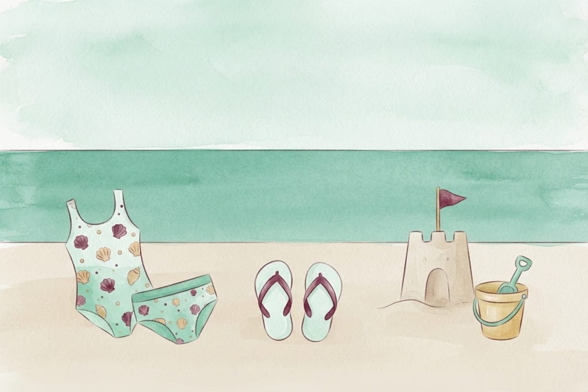 Ilustração: maiô, biquíni, chinelos e um castelo de areia à beira do mar