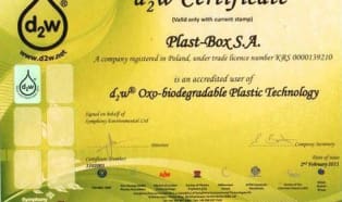 d2w technology certificate for Plast-Box products 