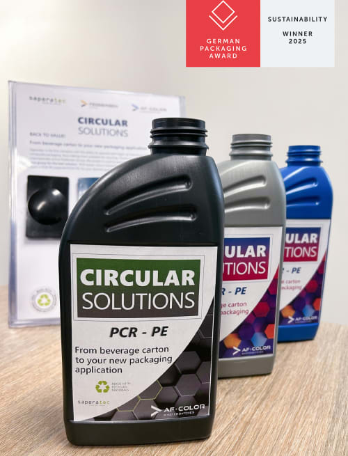 PCR-based masterbatches in use in new packaging ideas – oil container 50/50 HDPE & PCR-PE (Copyright: AF-COLOR, branch of AKRO-PLASTIC GmbH)