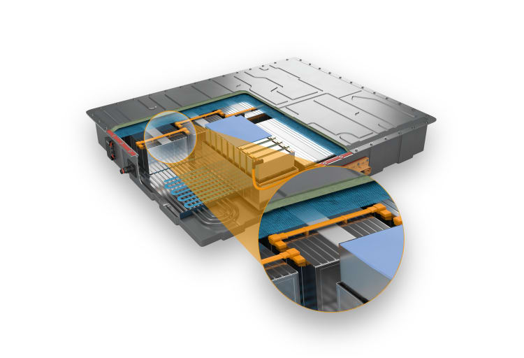 Interior view of a traction battery in an electric vehicle. The enlarged section shows the busbar (orange) insulated with ELASTOSIL® R 531/60. It is bent and fit into the battery architecture after sheathing. Thanks to its high elasticity and notch impact
