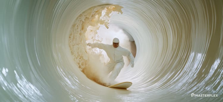 Masterflex SE campaign visual – mood image – person wearing a cleanroom suit surfing inside the DualFlow spiral hose with seamless inner lining for maximum smoothness and flow in production processes such as dairy production.
