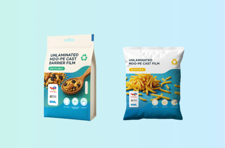 On the left, mock-up of a barrier stand-up pouch for the first film. On the right, mock-up of a deep-freeze bag for the second film.