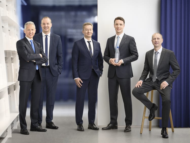 The Alpla Management Board (from left): Ricardo Rehm (CFO), Walter Ritzer (COO), Nicolas Lehner (CCO), Philipp Lehner (CEO) and Klaus Allgäuer (CTO).