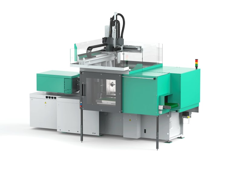 An Allrounder 1800 e Trend injection moulding machine with a Multilift Select linear robot is producing spatulas in an automated cell at Plastpol 2026.