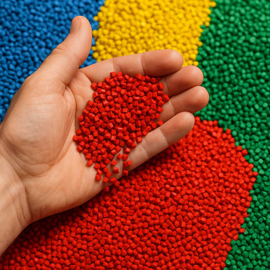 Image of hand sifting raw plastic materials