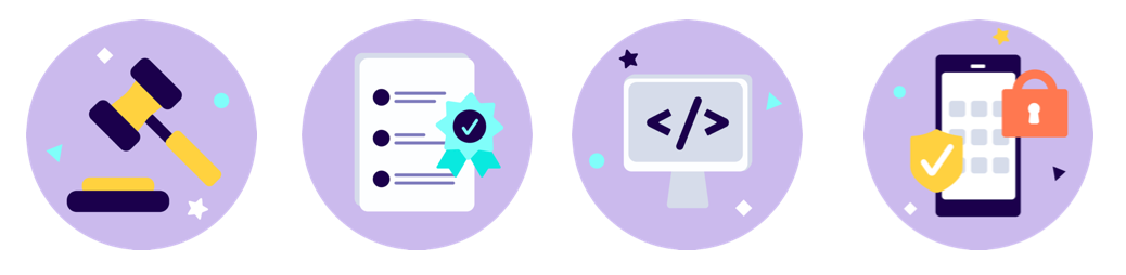 Platformable's icons for the 4 enablers of the open banking ecosystem: regulations, standards, developer experience and security