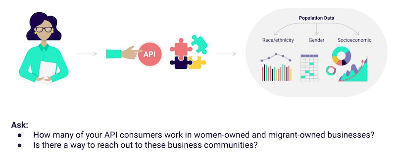 Grapohic showing an API team leader analysing their developer community by subpopulation data to ensure participation by all types of businesses