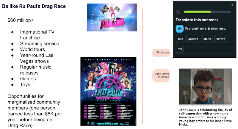 Screenshots showing how other finaancial services and digital products are leveraging increased interest in drag culture