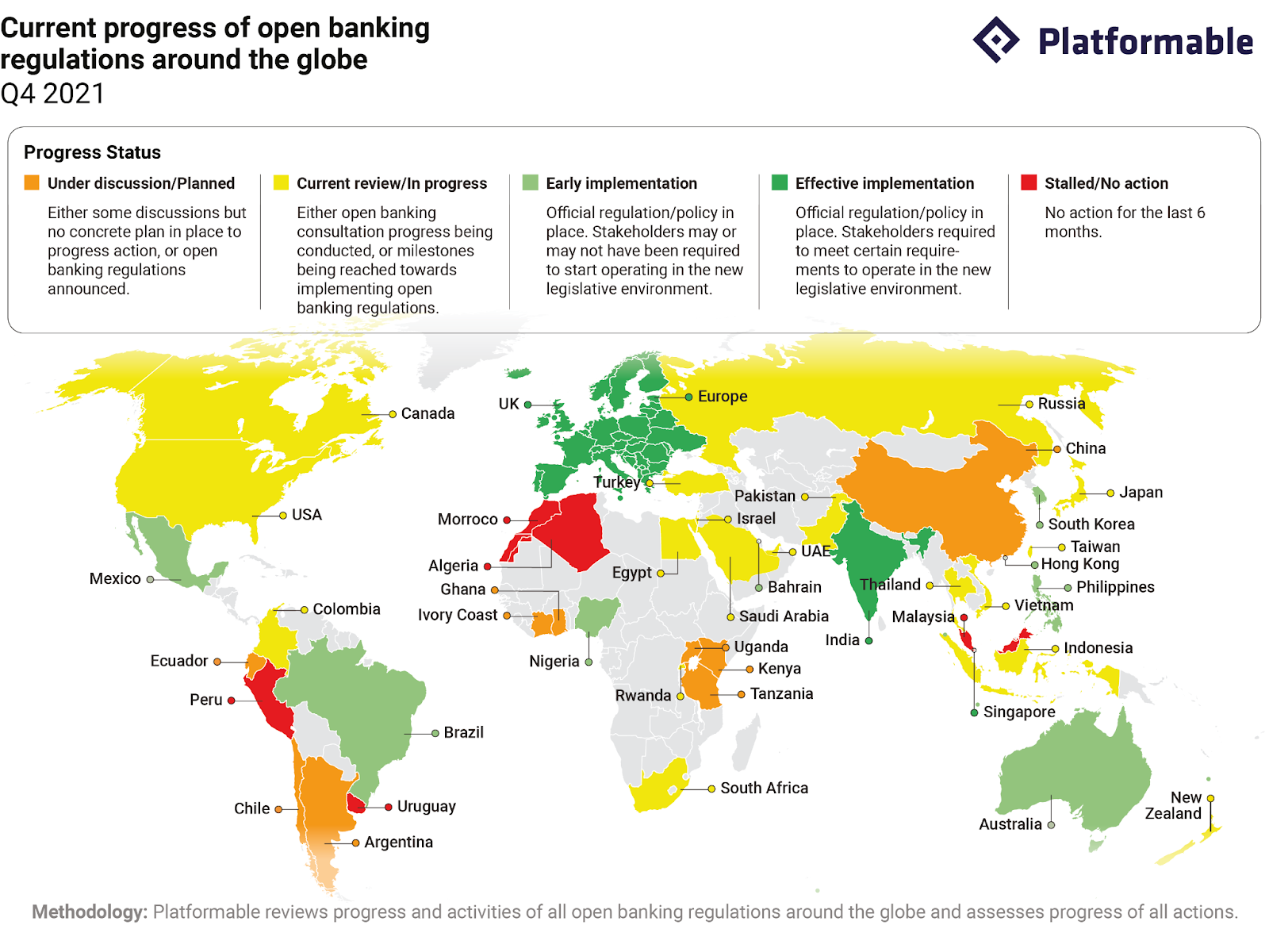 Map showing the current progress of banking regulations around the globe as of Q4 2021