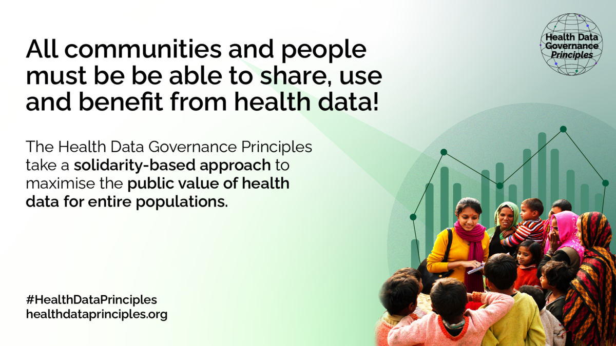 Slide image that states all communities and people must be able to share use and benefit from health data