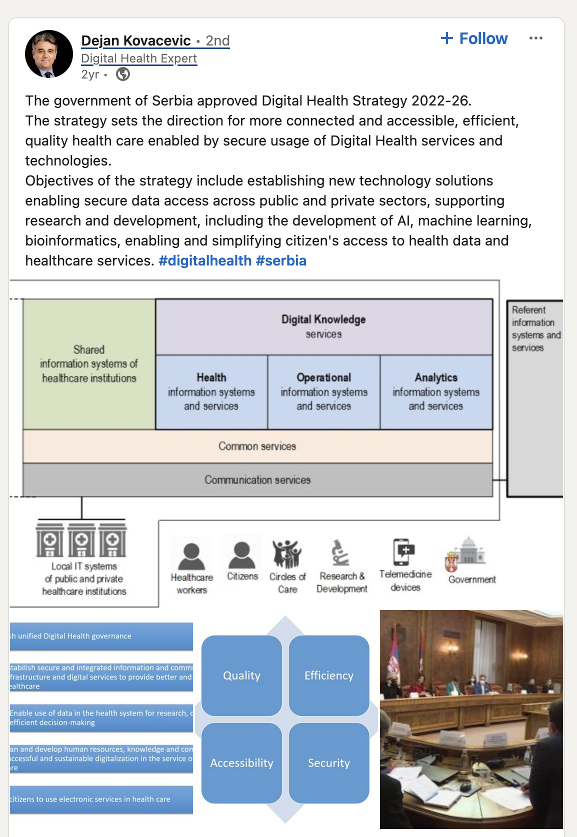 LinkedIn post by Dejan Kovacevic outlining the launch of the Serbian Digital Health Strategy 