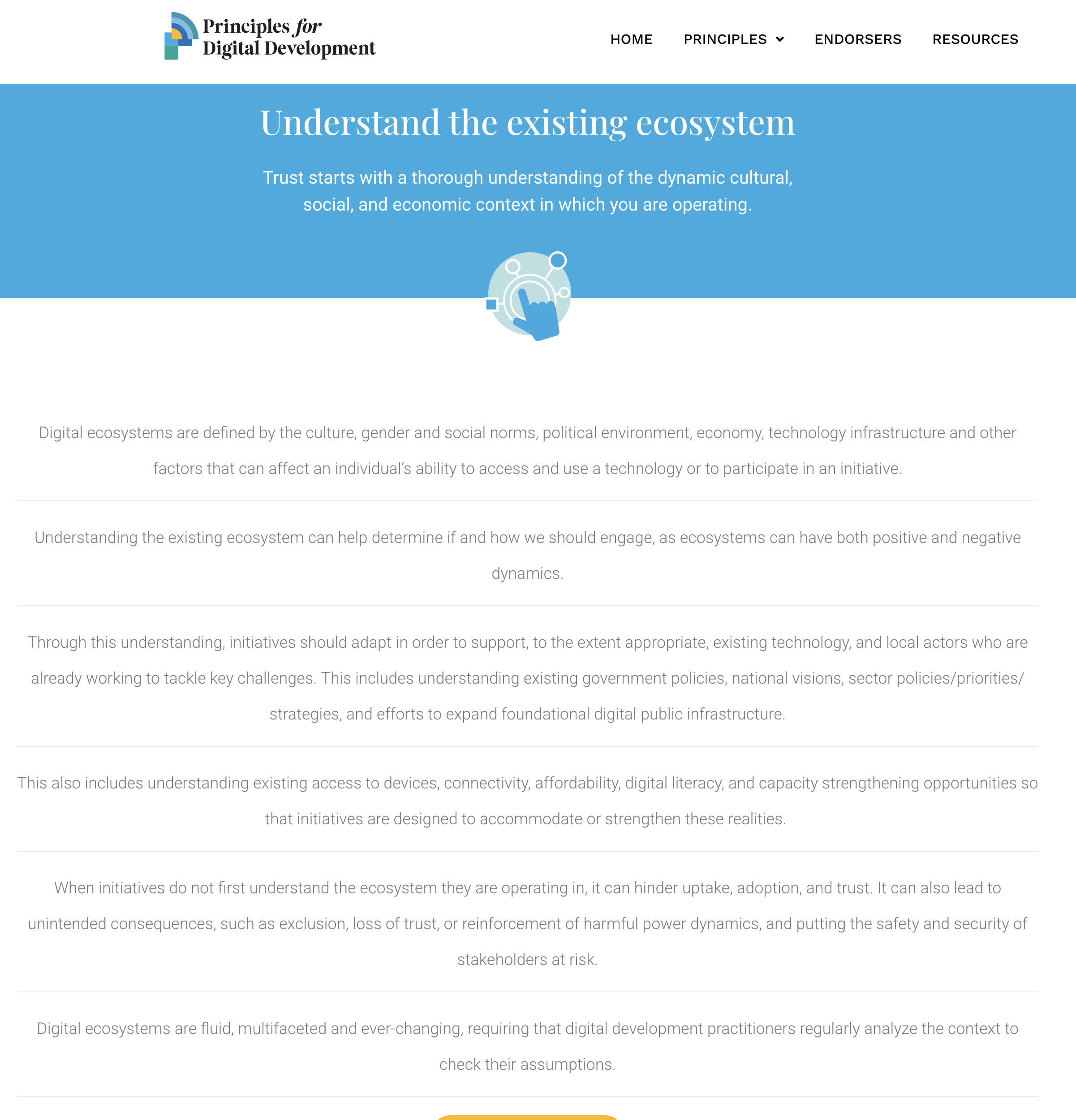 Ecosystem principles for digital design from: https://digitalprinciples.org/principles/understand-the-existing-ecosystem/