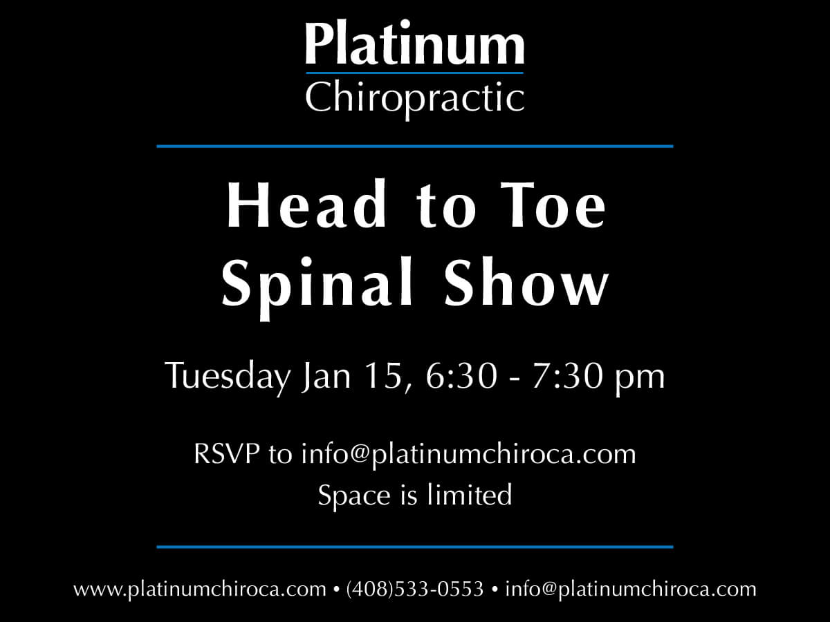 RSVP for the Head to Toe Spinal Show below. This will be an interactive mobility class featuring exercises and movements to help you heal faster, need less care, and see better results in both the short and long term.