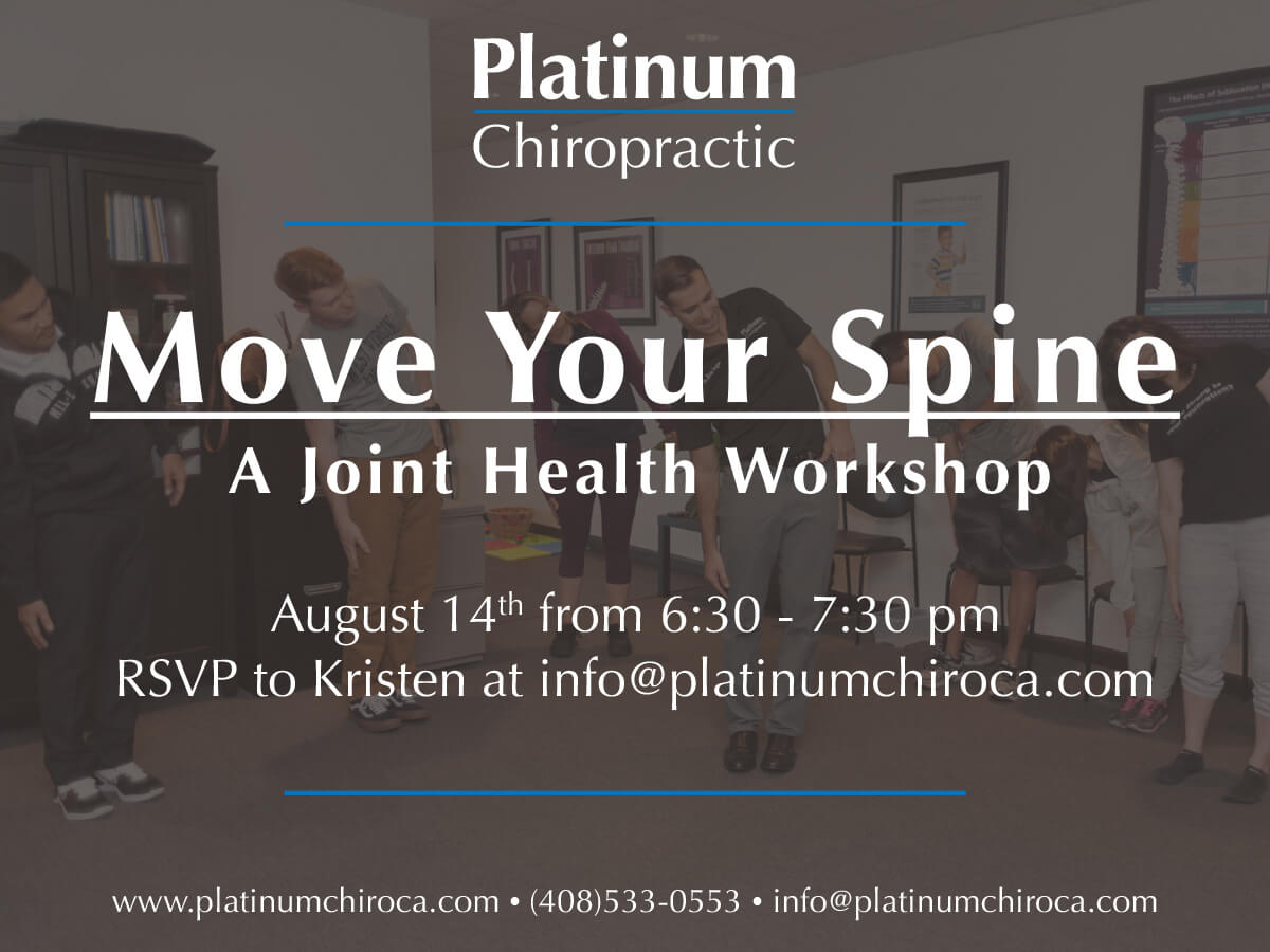 NTERESTED IN LEARNING MORE ABOUT KEEP YOUR JOINTS (AND ESPECIALLY YOUR SPINE) HEALTHY? COME TO OUR WORKSHOP ON AUGUST 14... MOVE YOUR SPINE. DR. KARO WILL BE LEADING A MOBILITY CLASS FULL STRATEGIES TO MAXIMIZE YOUR NEURO-STRUCUTRAL CHIROPRACTIC CARE FOR BOTH THE SHORT AND LONG TERM.