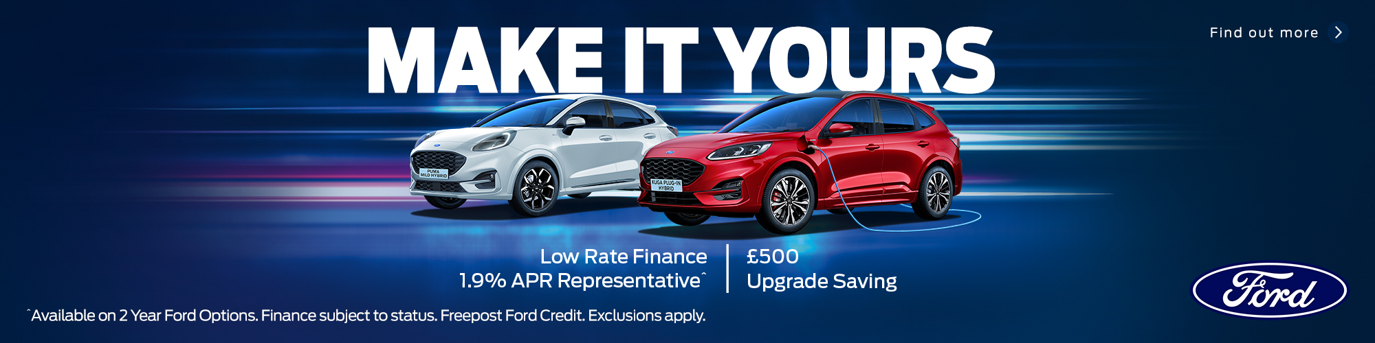 Get your next new Ford Car with a £500 upgrade saving and low rate finance in the Ford Make it Yours promotion