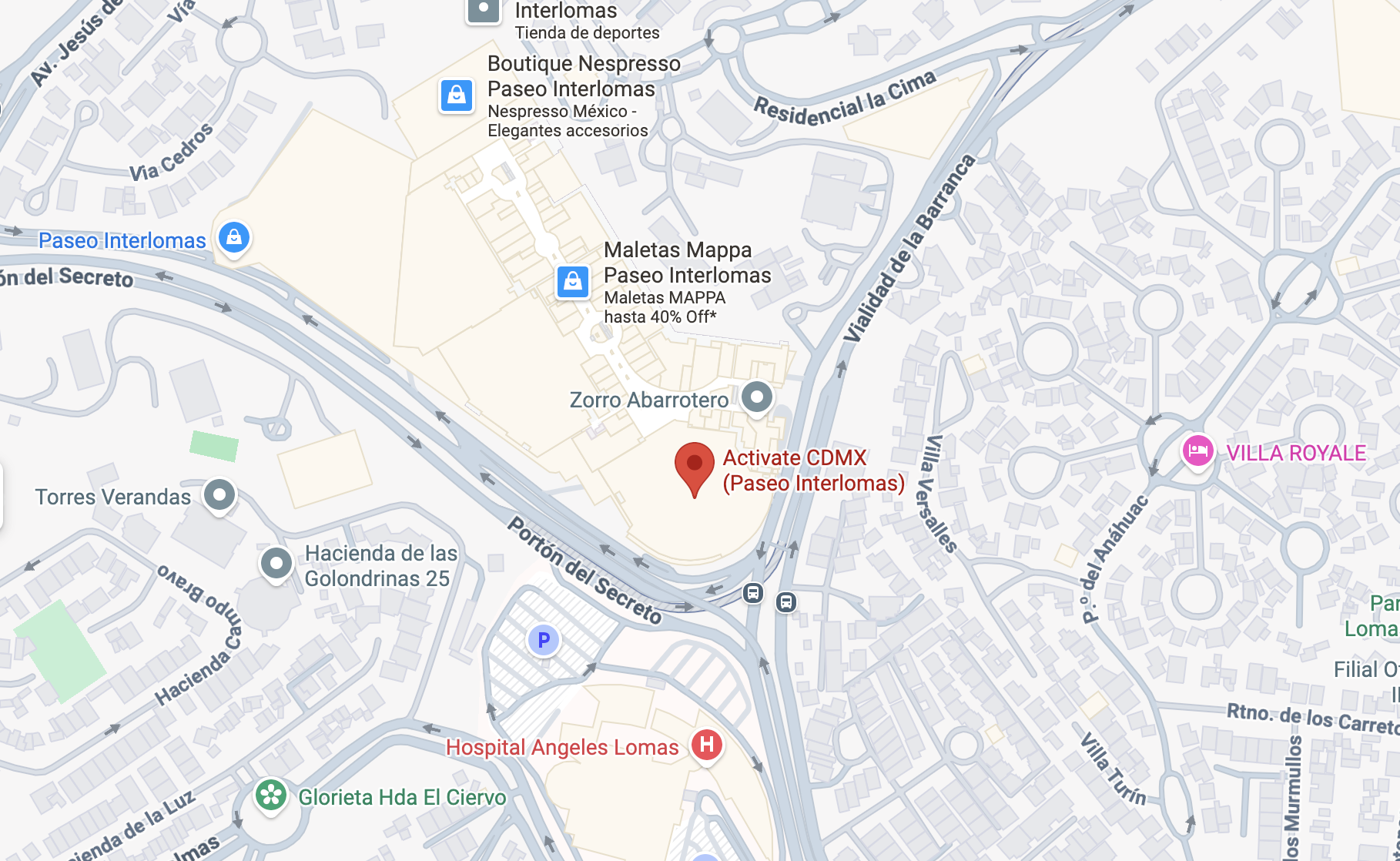 Obtener indicaciones para Activate CDMX (Paseo Interlomas) a través de Google Maps