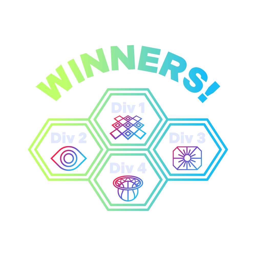image shows with text winners! on top of 4 adjacent hexagons with game room icons inside each hexagon. Hexagons represents AGL divisions.