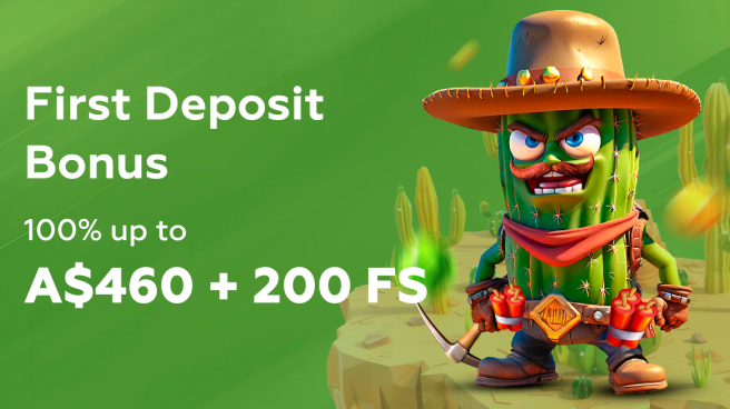 First deposit bonus with an animated cactus in a cowboy hat and cactuses in the background.