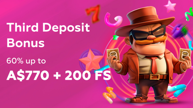 Third deposit bonus with an animated man holding two lottery tickets.