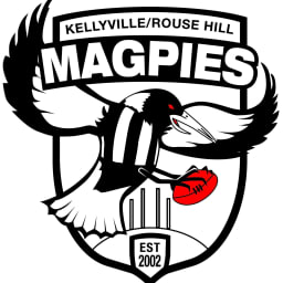 Kellyville/Rouse Hill Magpies logo: a magpie with wings outstretched, holding a football. Black, white, and red.