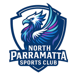 North Parramatta Sports Club logo: Blue eagle with purple accents in a shield shape, "North Parramatta Sports Club" text.