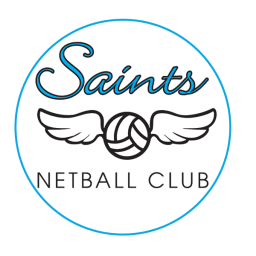 Saints Netball Club logo with blue circle, script text, and winged netball emblem