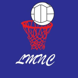 A netball hovering above a red netball hoop on a blue background with the white script letters "LMNC" below.