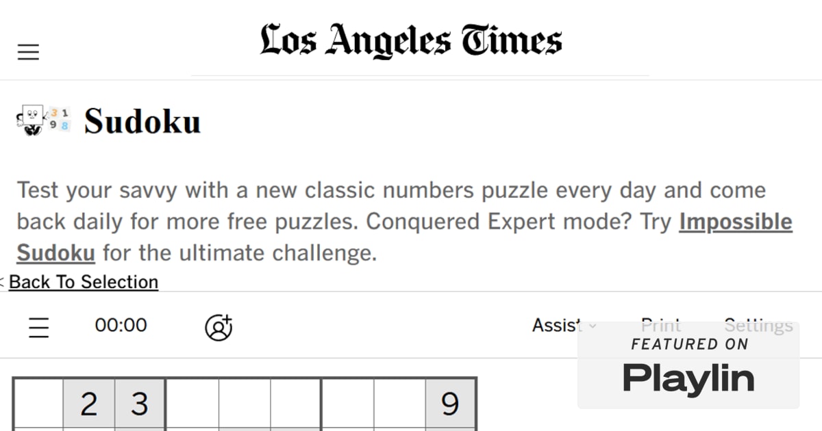 L.A. Times Sudoku: Play the Daily Visual Game | Playlin