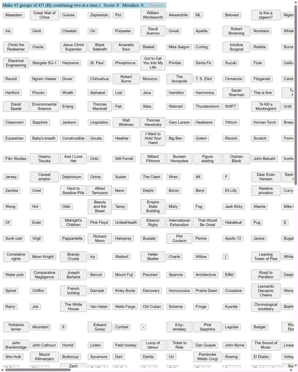 Screenshot of 45 by 45 Connections, a word game