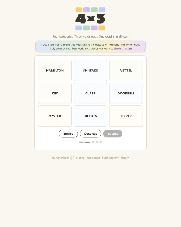 Screenshot of 4 × 3 (Four by Three), a daily word game