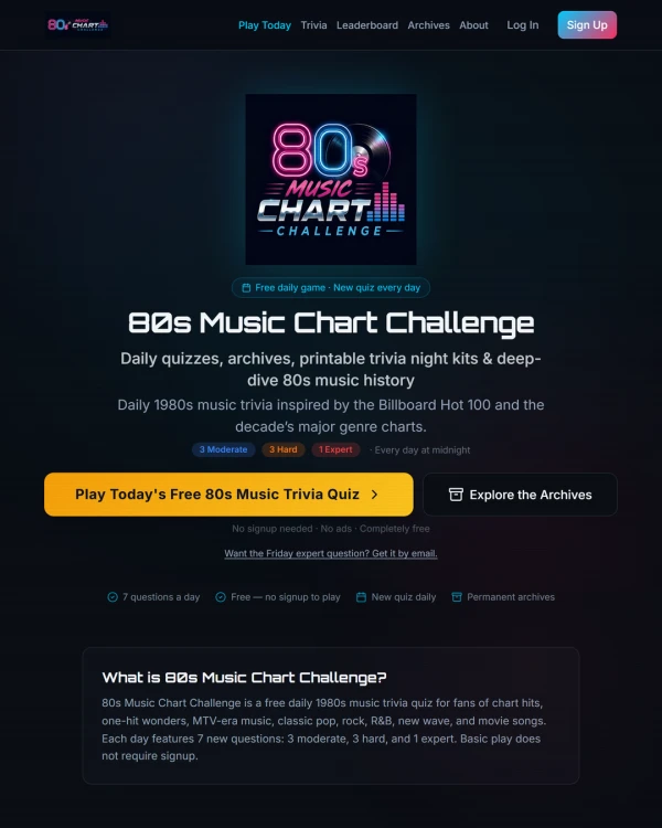 Screenshot of 80s Music Chart Challenge, a daily music game