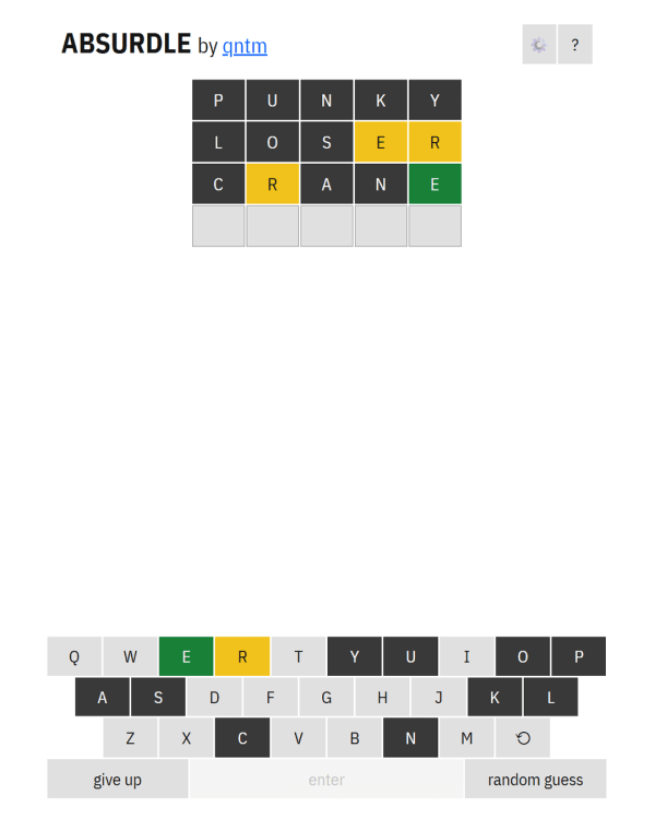 Screenshot of Absurdle, a daily word game