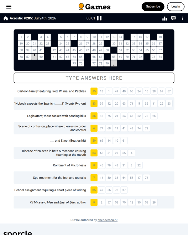 Screenshot of Acrostic, a daily word game