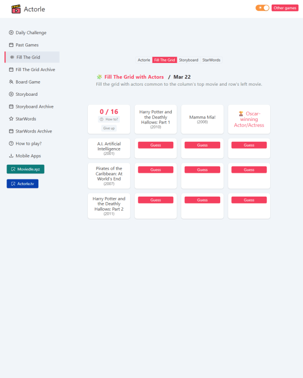 Screenshot of Actorle - Fill The Grid, a daily pop culture game