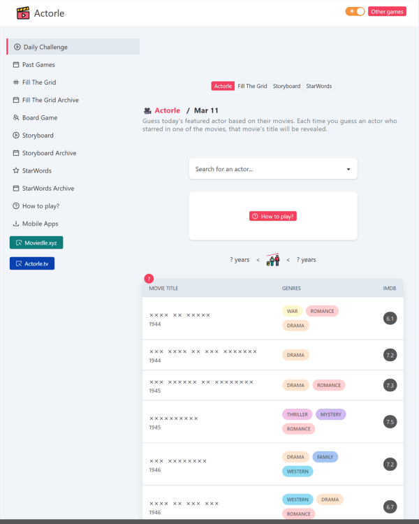 Screenshot of Actorle, a daily pop culture game