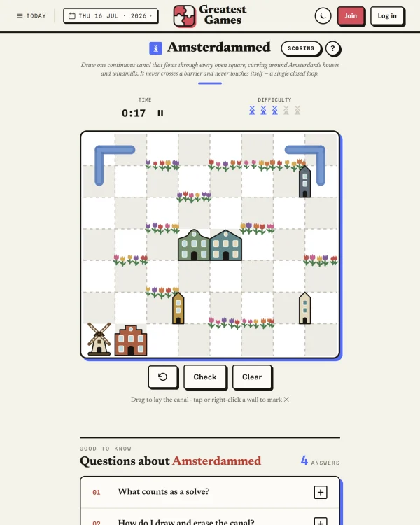 Screenshot of Amsterdammed, a daily logic game