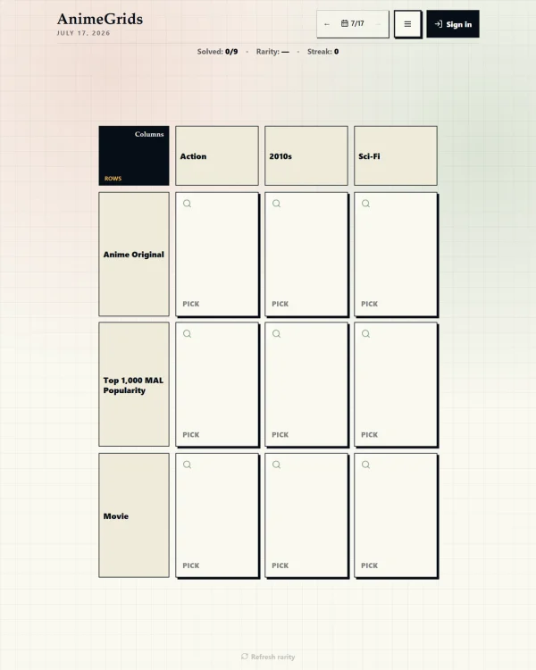 Screenshot of AnimeGrids, a daily fandom game