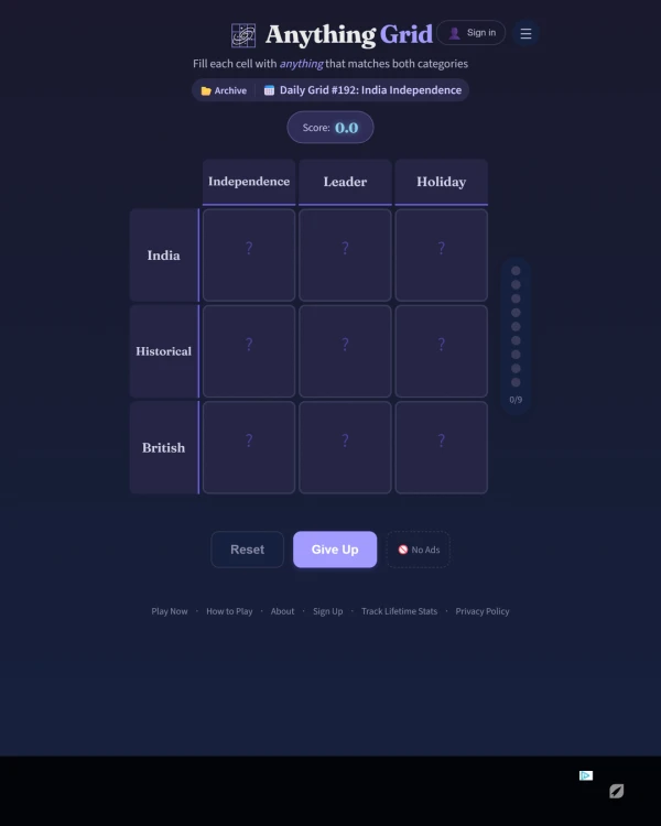 Screenshot of Anything Grid, a daily trivia game