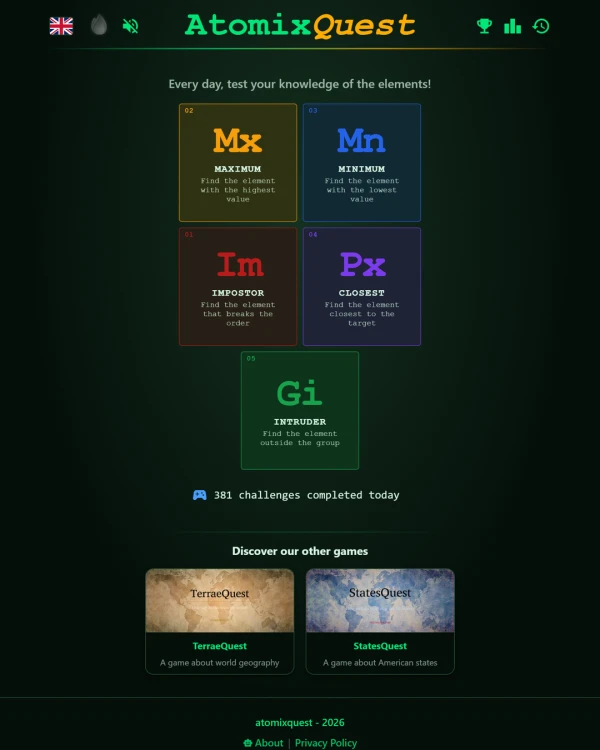 Screenshot of AtomixQuest, a daily trivia game