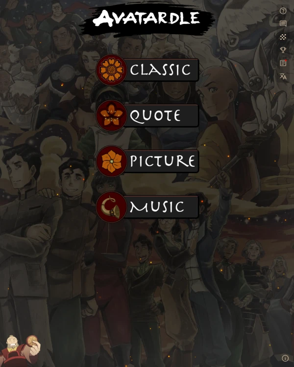 Screenshot of Avatardle, a daily fandom game