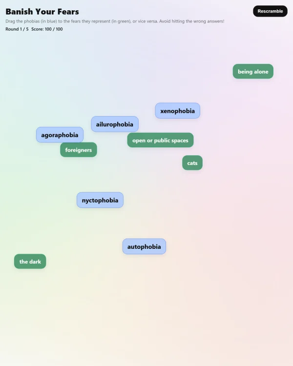 Screenshot of Banish Your Fears, a word game